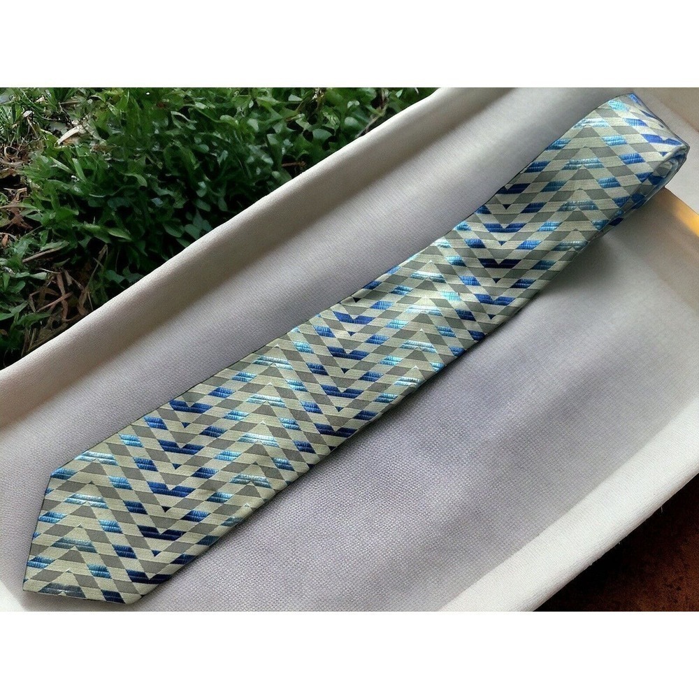 Vakko 100% Silk Mens Tie Geometric Iridescent Woven Classy Formal Beige Blue‌